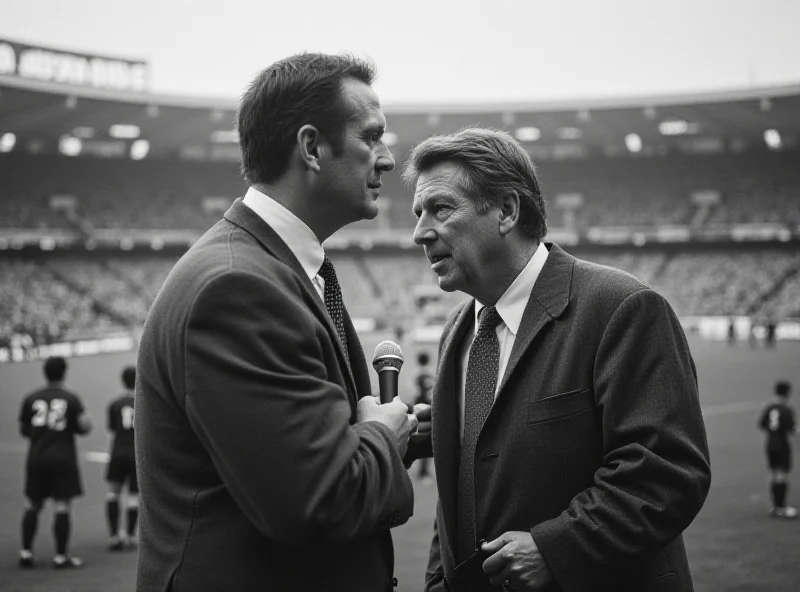 A black and white portrait of Bruno Pizzul commentating on a soccer game, with a classic microphone and stadium in the background.