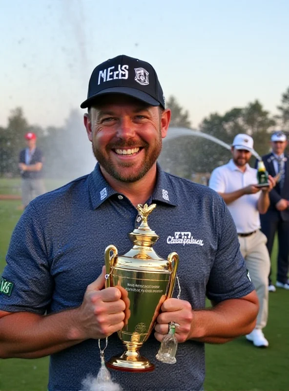 Ryan Peake holding the New Zealand Open trophy, smiling broadly, with champagne bottles being sprayed in the background.