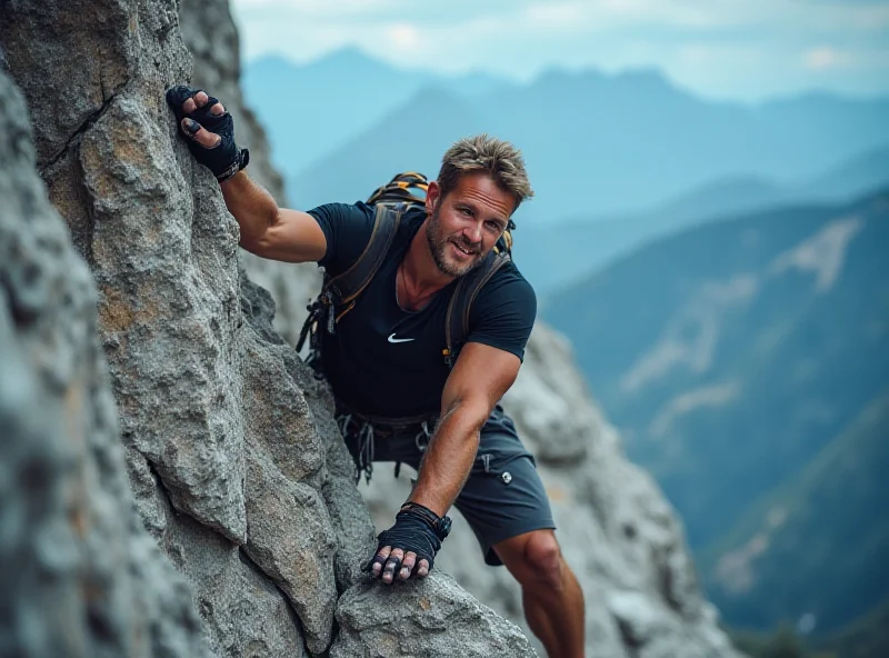 Robert Fliri, the inventor of Five Fingers shoes, climbing a rock face.