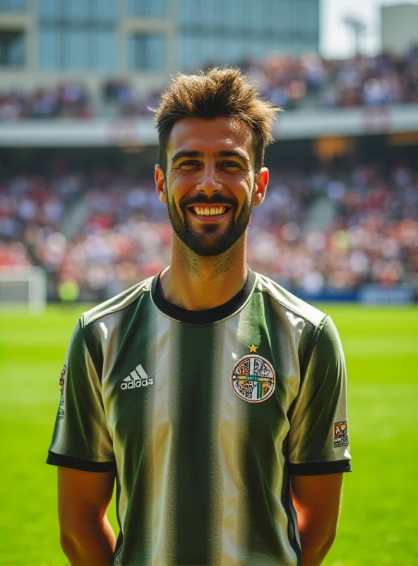 A young man in a Racing football jersey stands on a football field, smiling.