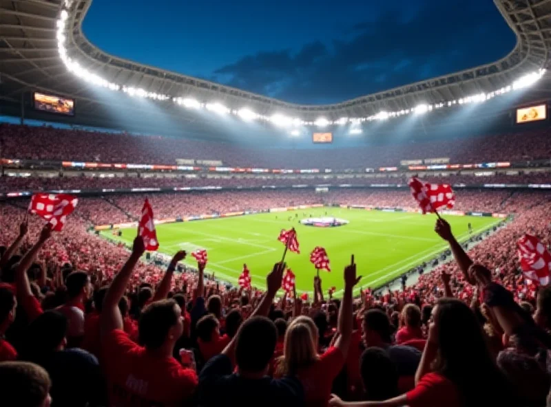 A packed stadium with Atletico Madrid fans cheering and waving flags.