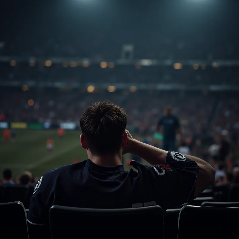 A worried fan sitting in the stands at a French football game.