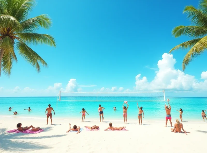 Beach scene with clear turquoise water and white sand during spring break