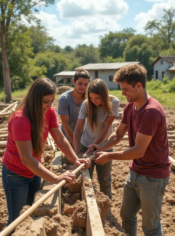 Group of young adults volunteering on a construction site during spring break