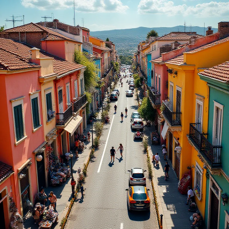 Aerial view of a bustling city street with colorful buildings and people during spring break