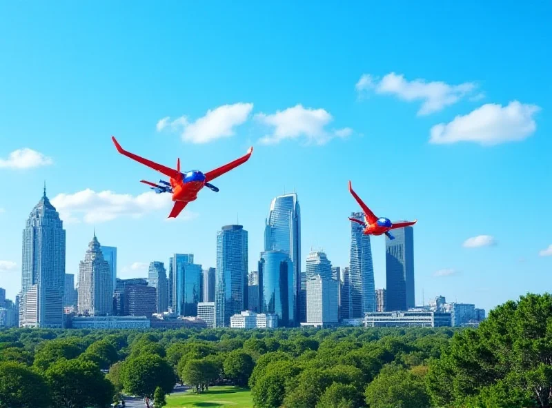 Southwest airplane flying over a sunny city skyline