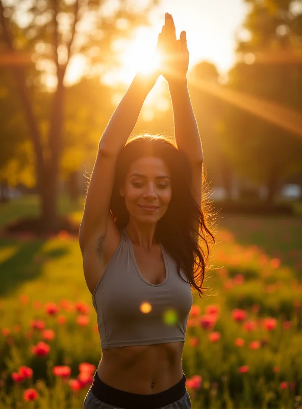 Conceptual image of a person stretching and enjoying sunlight on a sunny morning, representing the positive impact of Daylight Saving Time on outdoor activities.