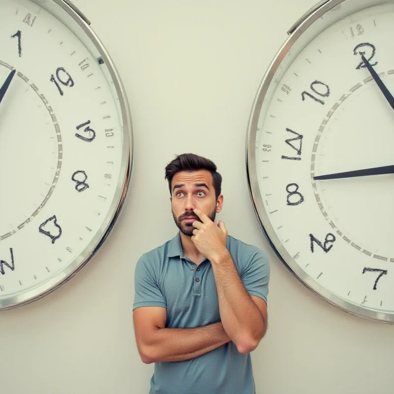 A confused person scratching their head in front of two clocks, one labeled 'Spring Forward' and the other 'Fall Back', symbolizing the confusion and debate surrounding Daylight Saving Time.