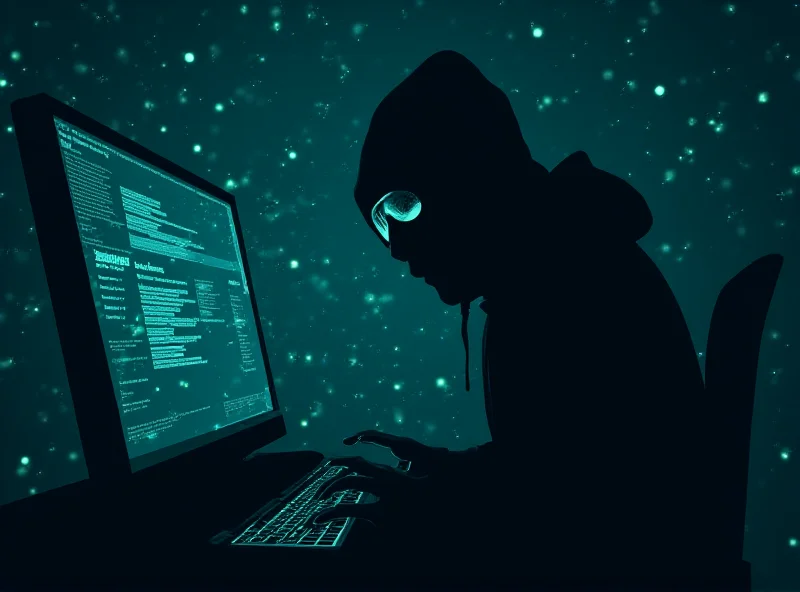 Illustration of a shadowy figure typing on a laptop, representing espionage and cybercrime.