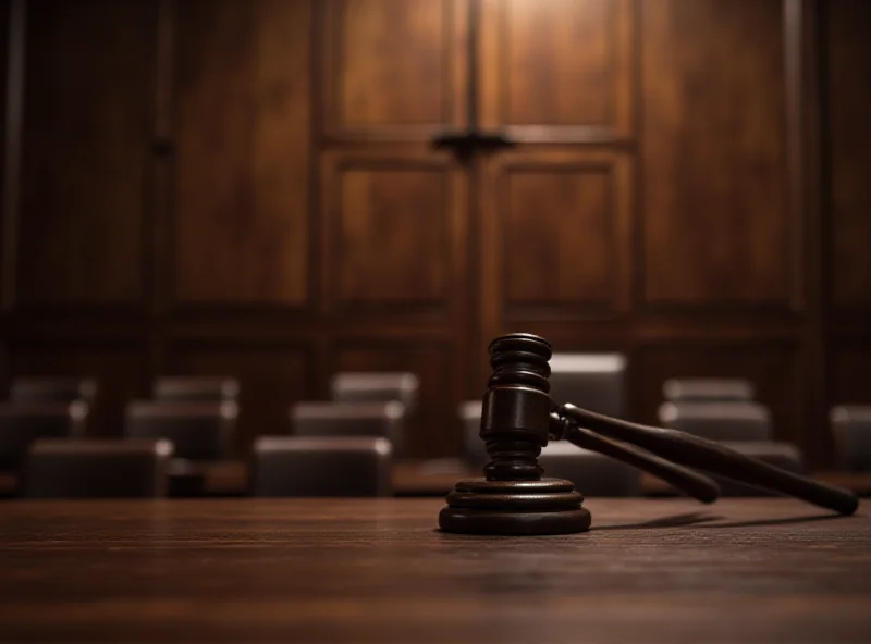 A gavel striking a sound block in a courtroom setting, symbolizing justice and legal proceedings.