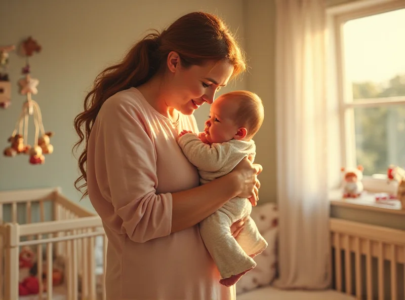 Stacey Dooley holding her baby daughter, Minnie, in a brightly lit nursery.