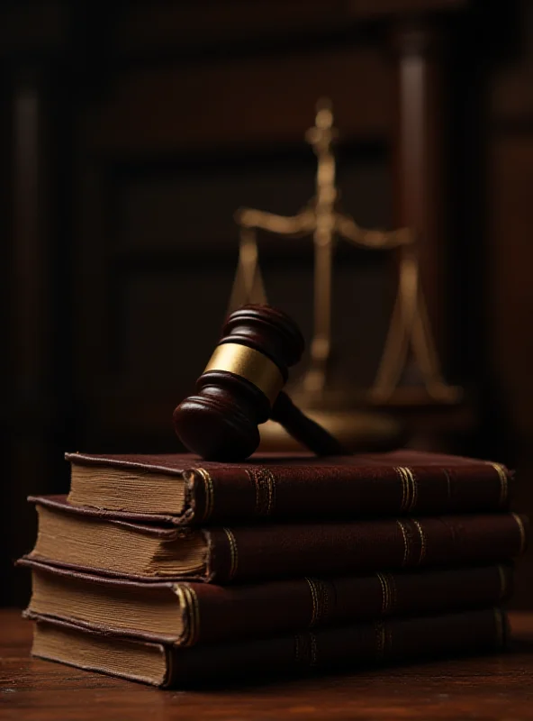 Gavel resting on a stack of law books in a dimly lit courtroom.