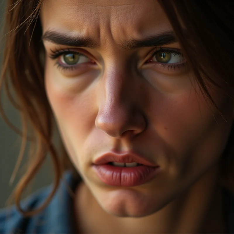 Close up of a person's face in deep thought, looking concerned.