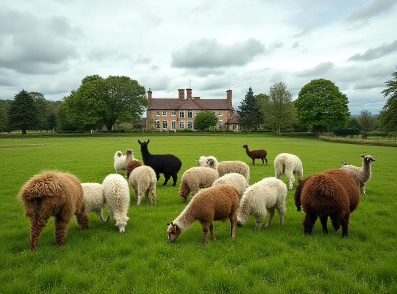 A herd of alpacas grazing in a field near a luxury home.