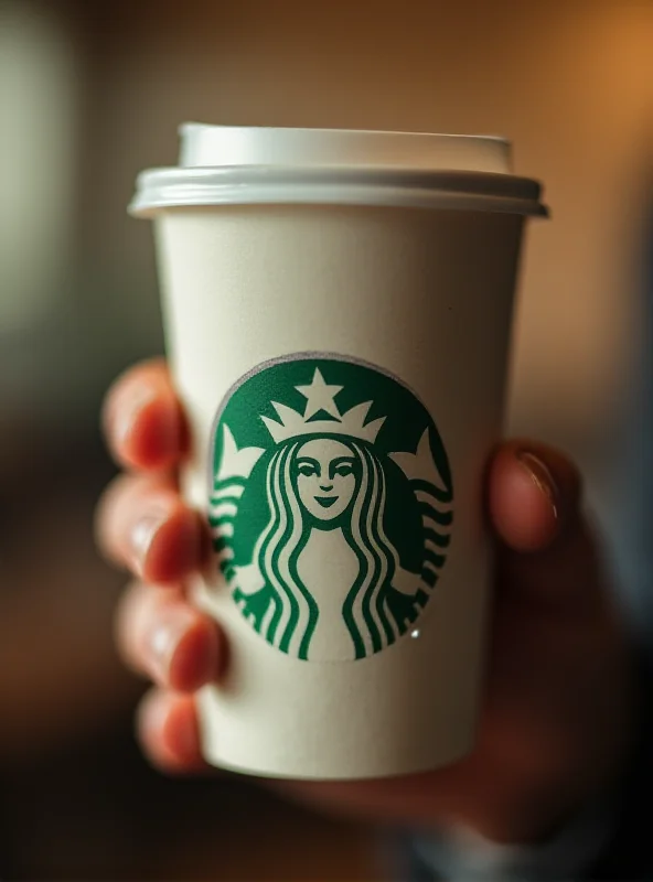 A close-up shot of a Starbucks logo on a coffee cup.