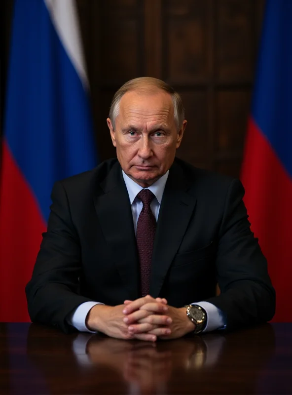 Vladimir Putin sitting at a large table, looking directly at the camera with a serious expression, flanked by Russian flags.