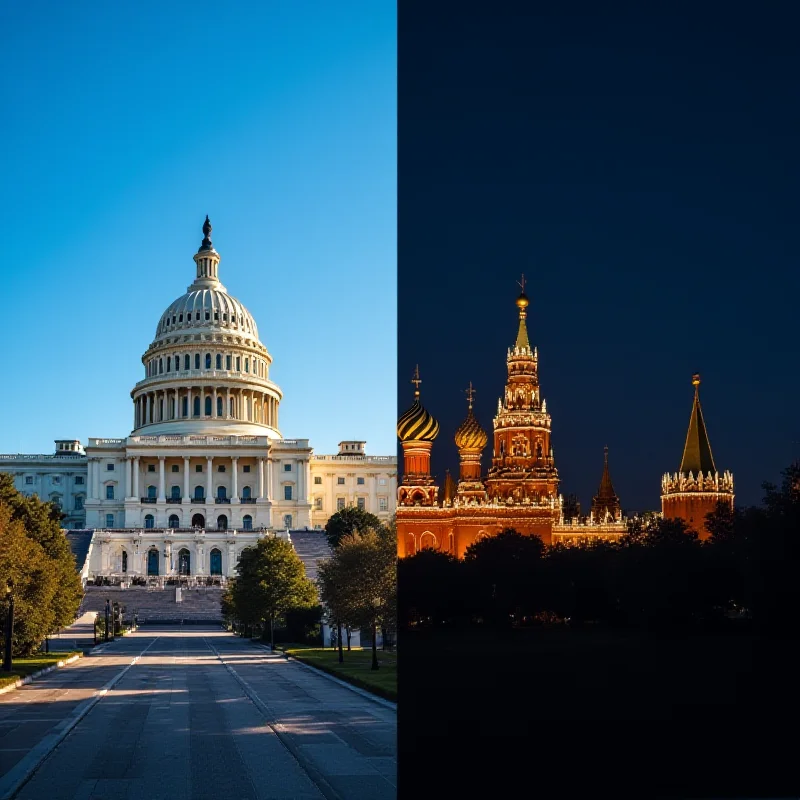 A split image. On one side, the US Capitol Building bathed in golden light. On the other side, the Kremlin illuminated at night.