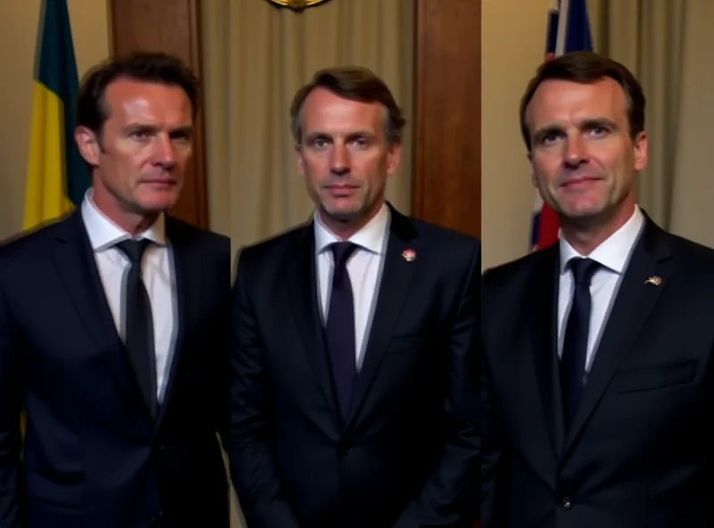 Keir Starmer standing alongside Volodymyr Zelenskyy and Emmanuel Macron, all looking serious.