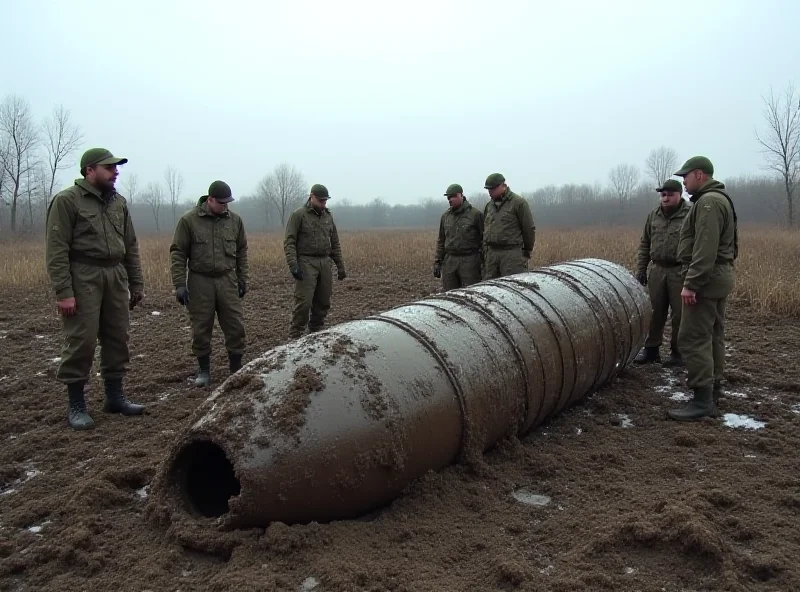 A destroyed Russian 'wonder-bomb' lying in a field in Ukraine, surrounded by Ukrainian military scientists.