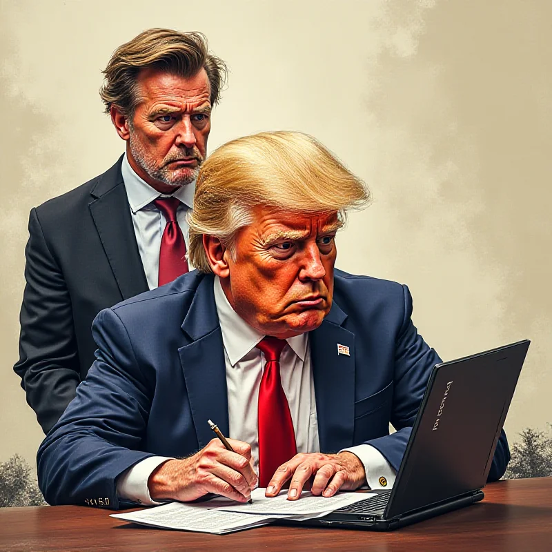 A caricature of Donald Trump posting on social media, with Keir Starmer looking on with concern.