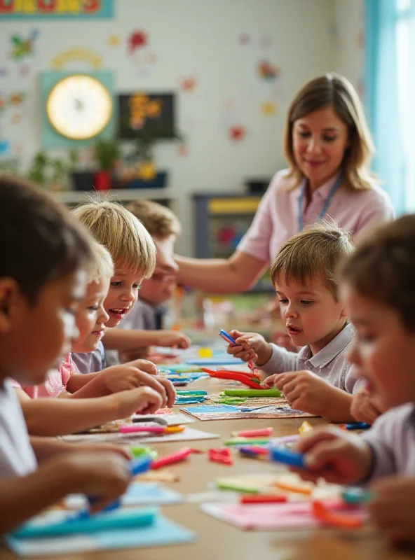 A group of diverse children in a school setting, supervised by a teacher, learning how to brush their teeth properly.