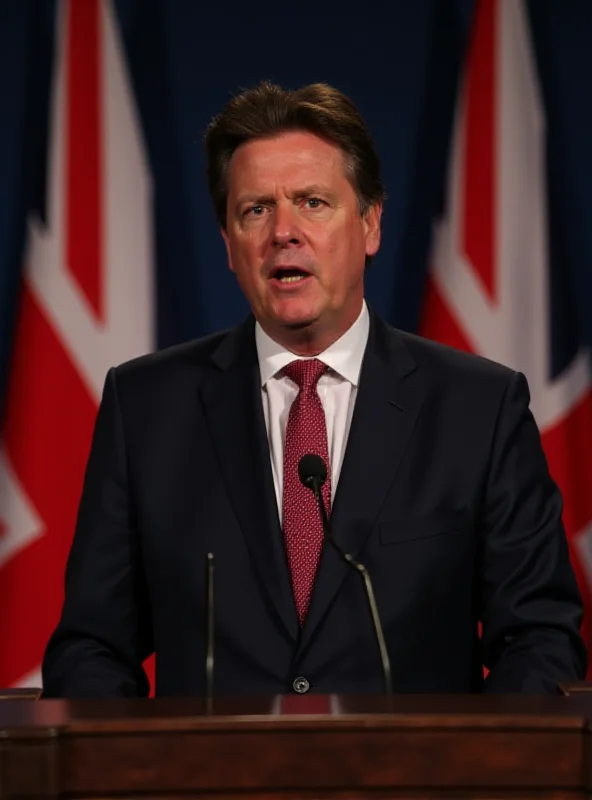 Keir Starmer speaking at a podium with the British flag behind him