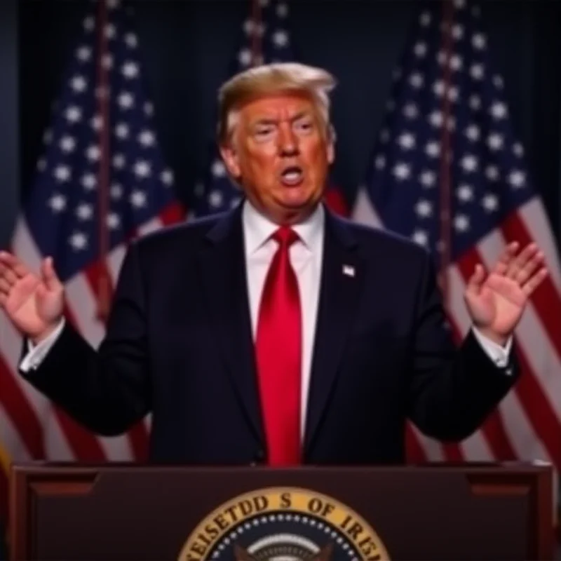 Donald Trump speaking at a podium with the American flag behind him