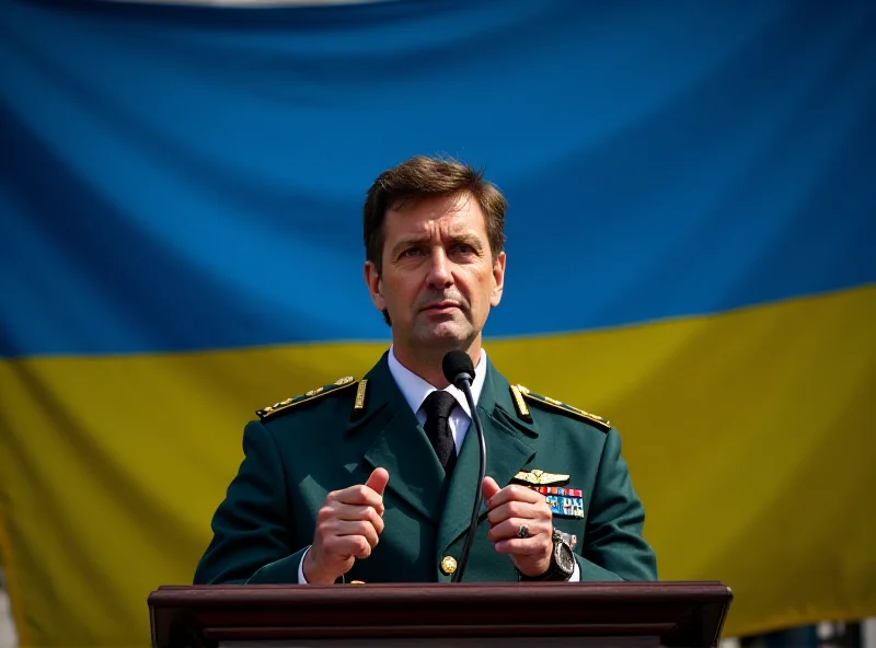 Volodymyr Zelensky addressing a crowd with a microphone, Ukrainian flag in the background.