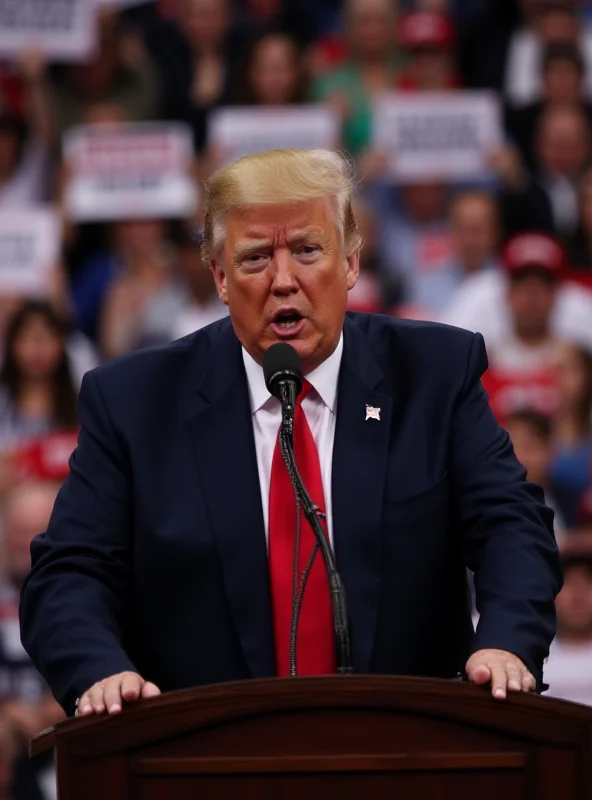 Donald Trump speaking at a rally, with a stern expression on his face.