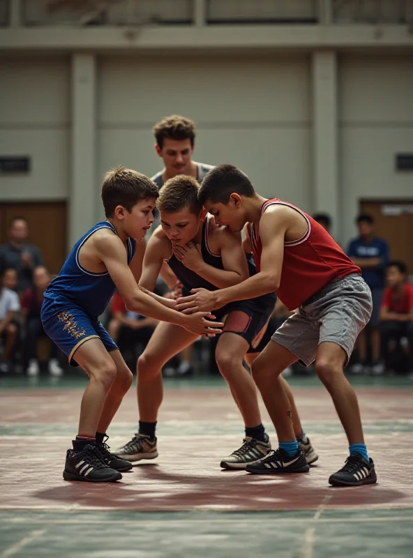 A group of young boys wrestling in a gymnasium with an instructor supervising.