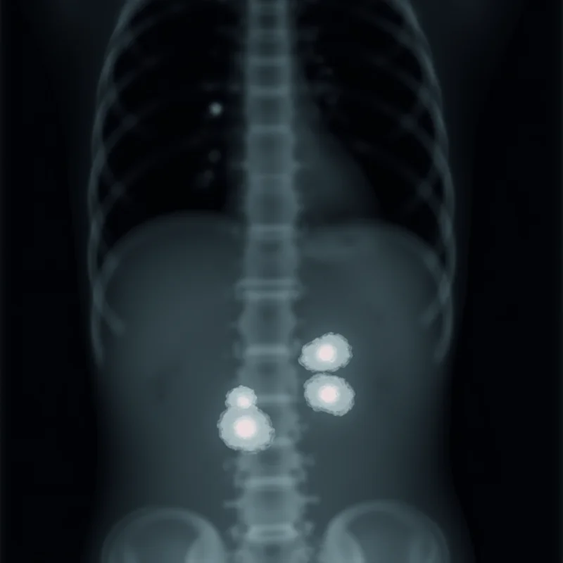 An X-ray image showing diamond earrings inside a person's digestive tract.