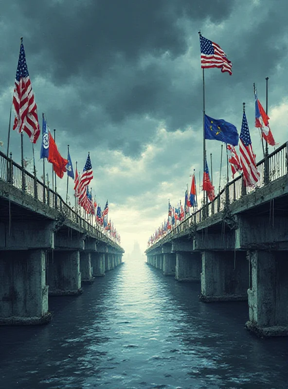 A visual representation of a crumbling bridge with flags of the US and European countries on either side.