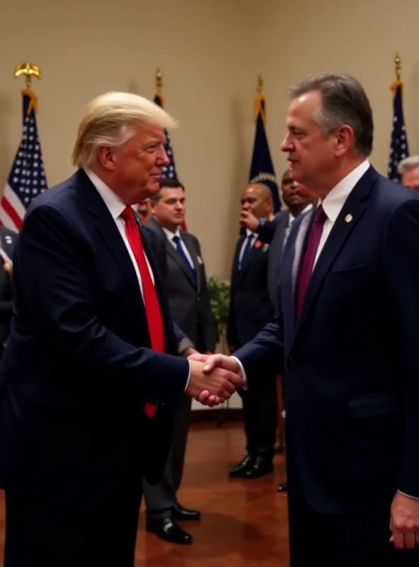 Donald Trump shaking hands with a foreign leader in a formal setting