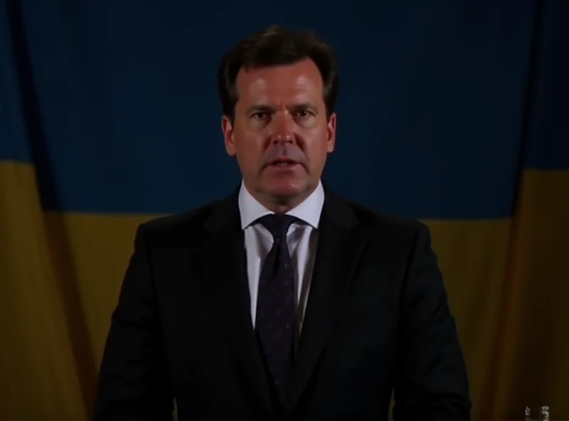 Keir Starmer at a podium, speaking with a determined expression, with the Ukrainian flag subtly visible in the background.