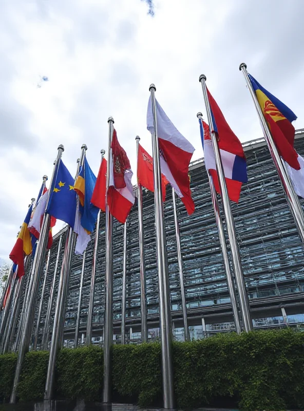 A photograph of the European Parliament building, with flags waving in the foreground, under a cloudy sky.