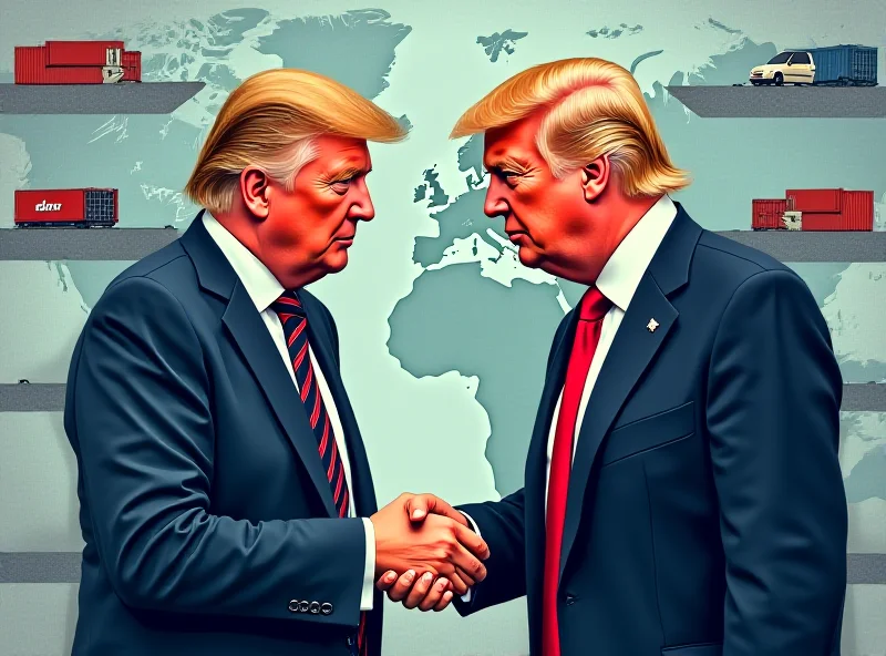 Illustration of Keir Starmer and Donald Trump shaking hands awkwardly against a backdrop of trade symbols.