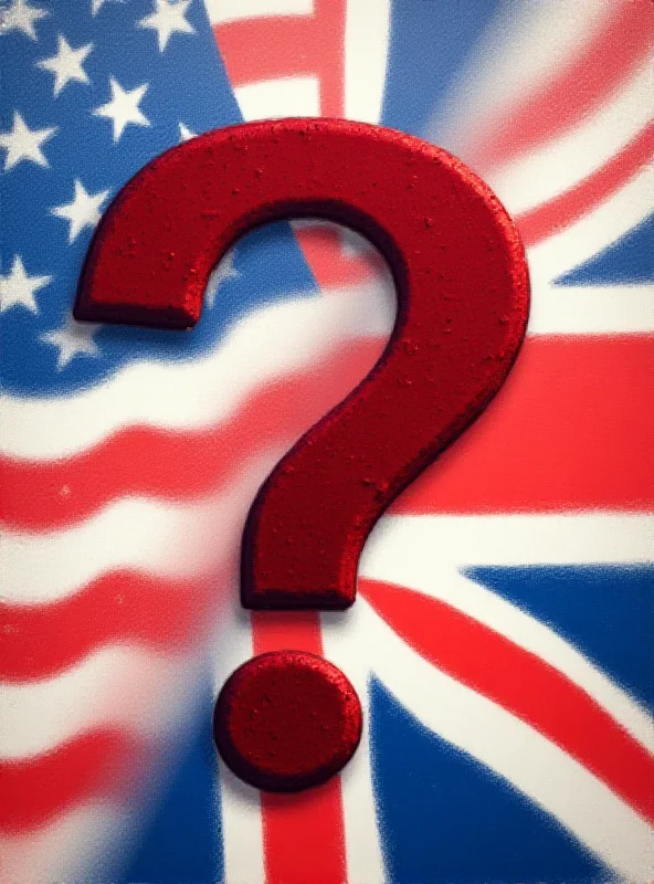 Digital art depicting the flags of the US and the UK intertwined with a question mark overlayed.