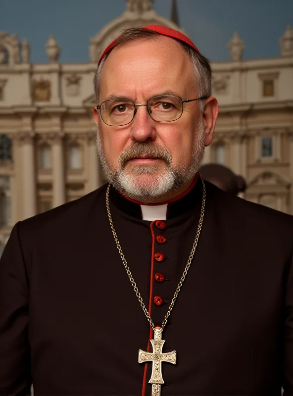 A solemn portrait of Cardinal Krajewski, a Polish clergyman, wearing his religious vestments, with the Vatican in the soft-focus background.