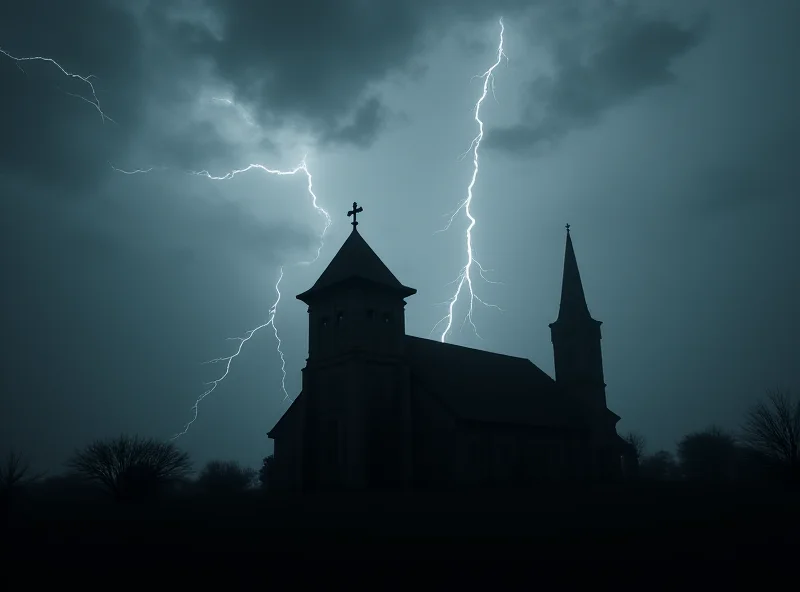 A darkened silhouette of a church against a stormy sky, symbolizing the current crisis facing the church due to the pedophilia scandal.