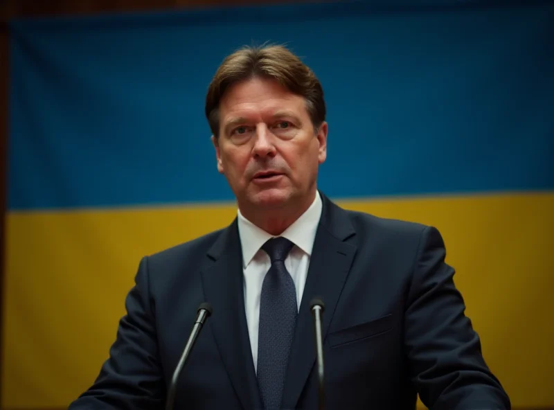 Keir Starmer speaking at a podium with a serious expression, Ukrainian flag in the background.