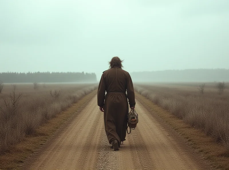 A lone figure in traditional shamanic clothing walking along a rural road, carrying a small cart, against a backdrop of Siberian wilderness.