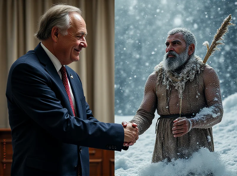 Split image. On the left, Keir Starmer shaking hands with a foreign dignitary. On the right, an artistic rendering of a shaman performing a ritual in a snowy landscape.