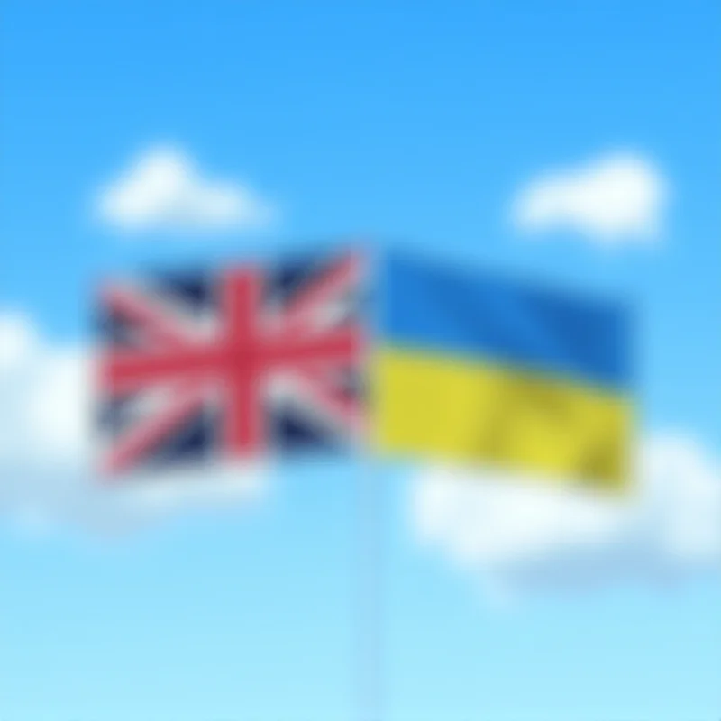 A symbolic image of the UK and Ukrainian flags waving together