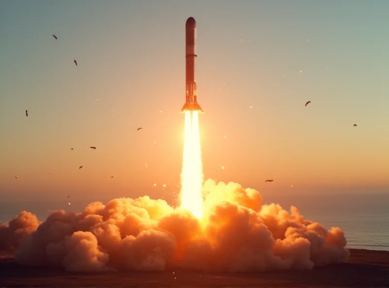 Illustration of a SpaceX Starship exploding shortly after liftoff, with debris falling towards the ocean.