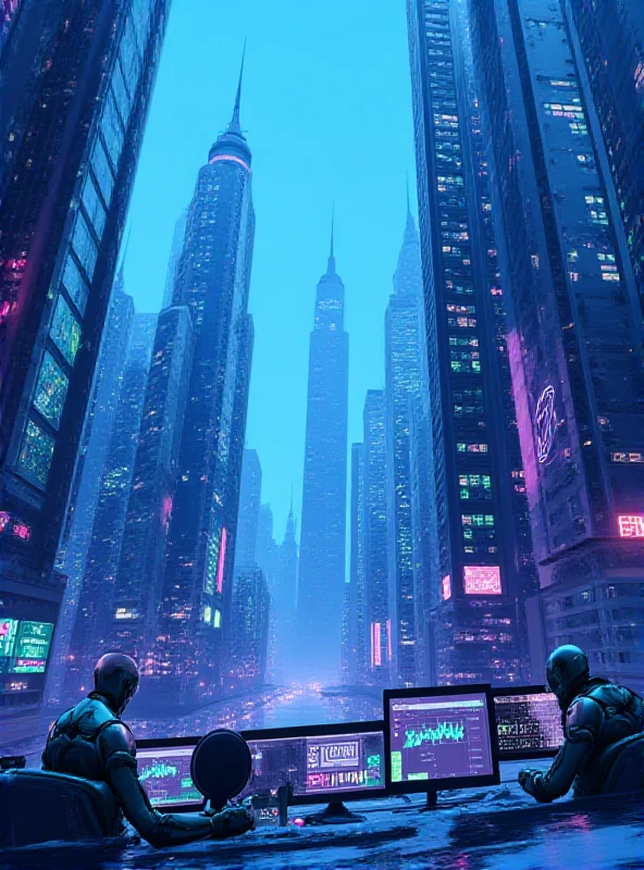 A futuristic cityscape with Dogecoin logos integrated into the architecture, and AI robots trading on digital screens in the background.