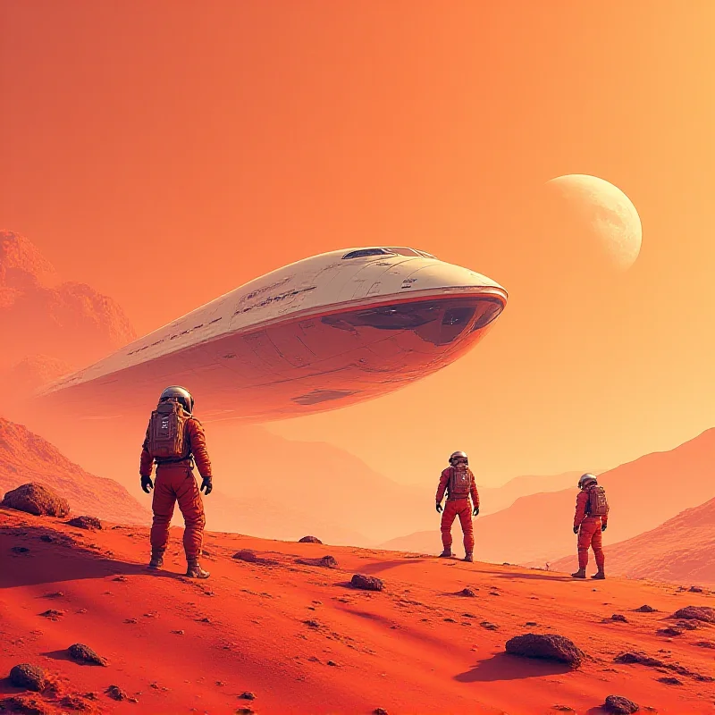 A futuristic illustration of a SpaceX Starship on the surface of Mars, with astronauts exploring the red planet.