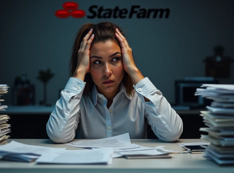 A person looking stressed while holding paperwork related to an insurance claim, with a State Farm logo subtly visible in the background.