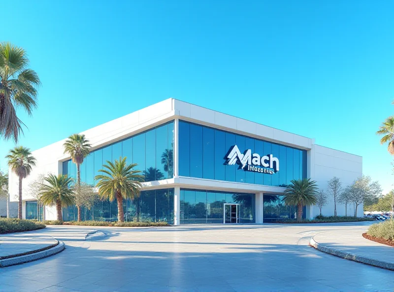 Exterior rendering of a modern, high-tech factory building with the Mach Industries logo prominently displayed, surrounded by palm trees and clear blue skies.