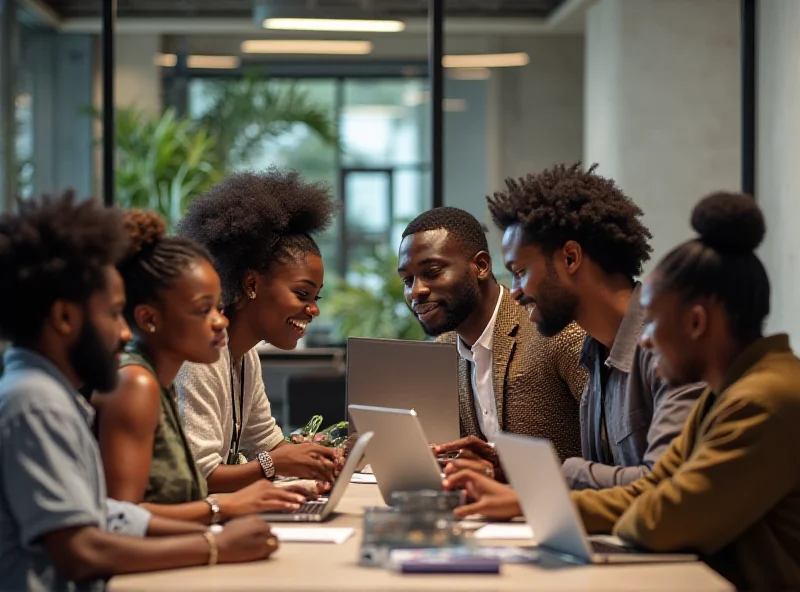 A diverse group of young African entrepreneurs collaborating in a modern, brightly lit co-working space. Laptops and tablets are visible, and the atmosphere is energetic and innovative.