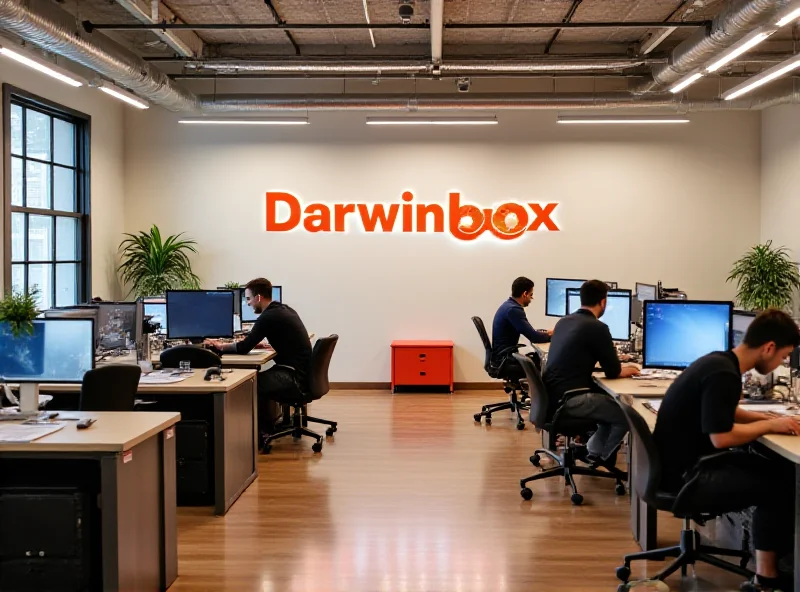 A clean and modern office interior with the Darwinbox logo on the wall. Employees are working collaboratively at desks and in small meeting rooms, showcasing a positive and productive work environment.